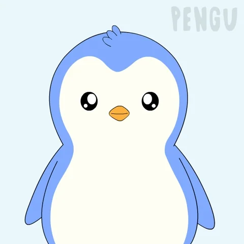 An animated blue and white  penguin scratching its head.