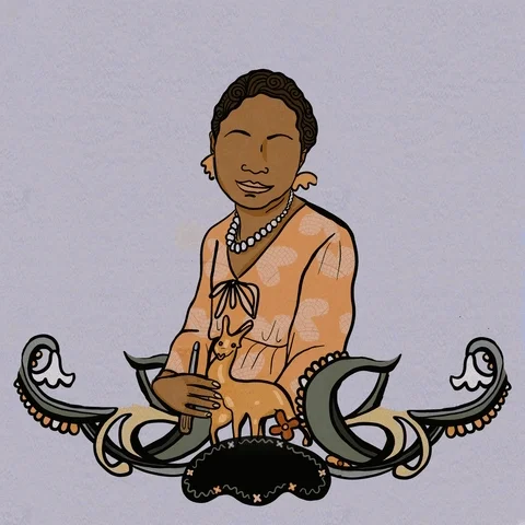 An animation featuring the sculptor Augusta Savage. A forest-like sculpture arises around her as she holds a sculpting tool. 