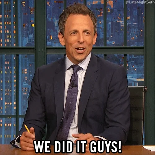 Comedian Seth Meyers speaking. Text on screen "We Did iT Guys"