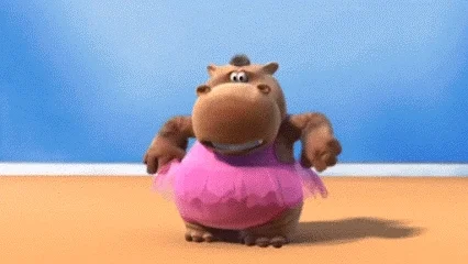An animated hippo in a tutu jumping up and down on its toes.