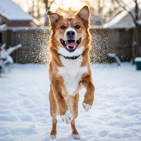 A happy shepherd dog running toward the camera in the snow.  