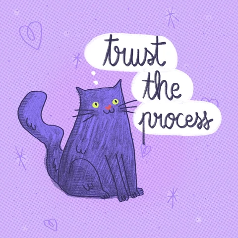 A black cat thinking 'Trust The Process.'