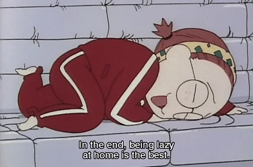 A character happily laying down on a couch instead of working out.