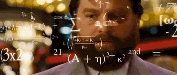 A man is surrounded by math symbols as he does a calculation in his mind.