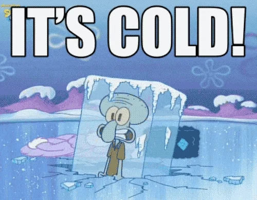 Squidward character inside an ice cube with a blue and purple ice and snow background