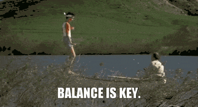 Animated GIF of two people on a seesaw overlaid with text 