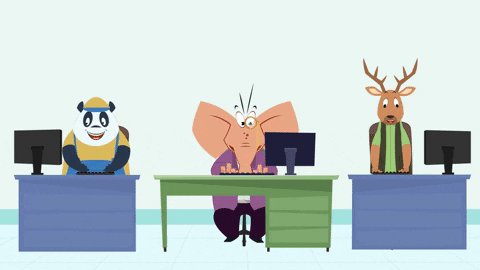 An animation of animals at workspaces, under the text 