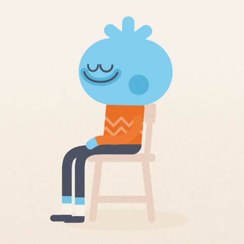 A cartoon character happily sitting in a chair that swivels from one side to the other