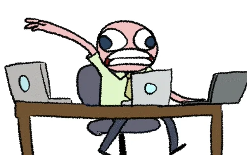 A man with wide eyes frantically flails his arms around and types on three different laptops.