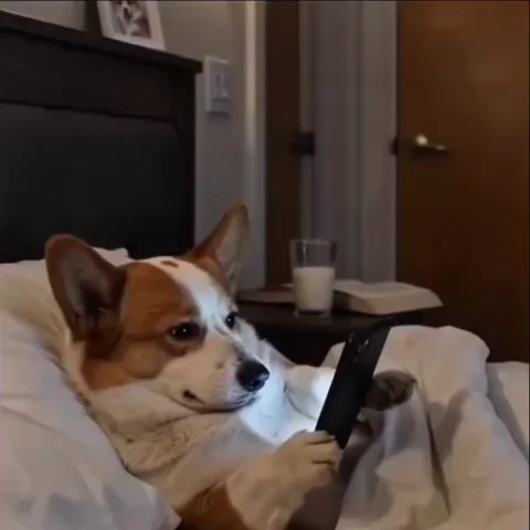 A dog lies in a bed while looking at a phone, which it then hides below the sheets and goes to bed.