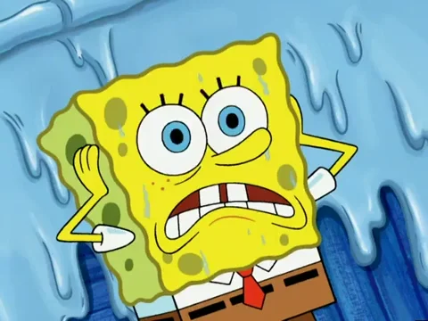 Spongebob looking scared and sweating profusely.