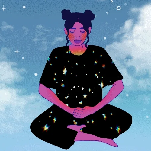 A person sits with their legs crossed and eyes closed, with a blue sky behind them and stars sparkling on their clothing