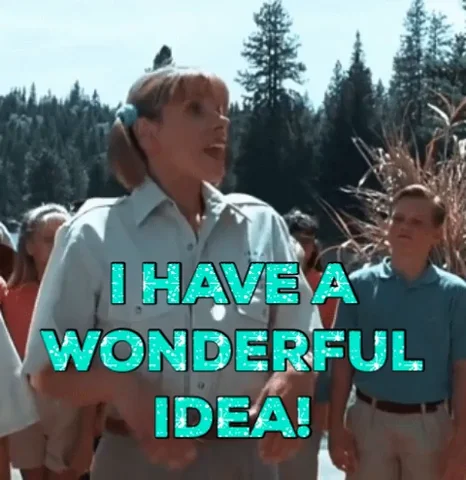 Christine Baranski as a camp councillor. She says to her campers, 'I have a wonderful idea!'