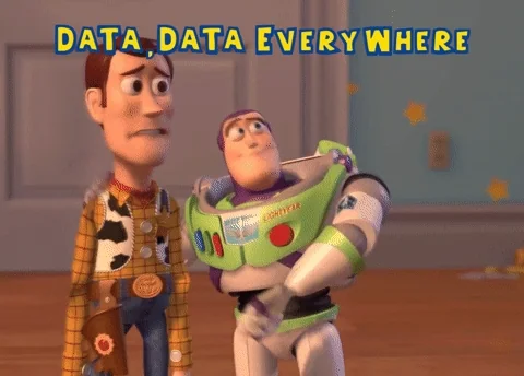 Buzz Lightyear from Toy Story points outward while Woody looks confused. He says, “Data, data everywhere!”