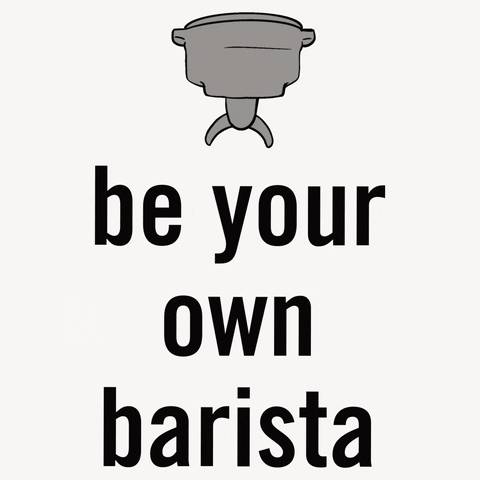 An espresso machine pouring coffee onto text that reads 'be your own barista'