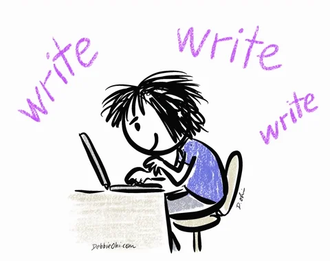A cartoon person typing on their laptop with words popping up all over the screen. 