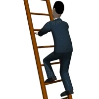 A person in a suit climbs up a ladder.