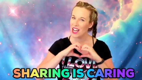 A girl says 'sharing is caring' while forming a heart using her hands