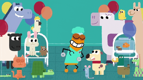 An animation of a veterinarian tending to animals