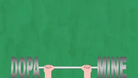 The word "dopamine" depicted as a barbell with arms lifting it up.