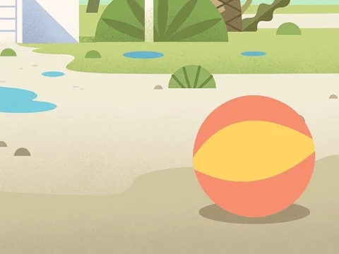 A cartoon beach ball by the shore. It moves back and forth with the tide.