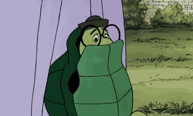 A turtle retreating into its shell.