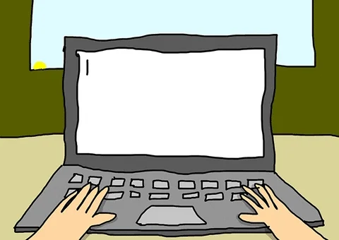 Animated hands in front of a computer screen, nothing is typed on the screen, background changes from day to night quickly