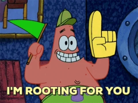 A Spongebob character holds up a flag and foam cheering hand. The text reads: 