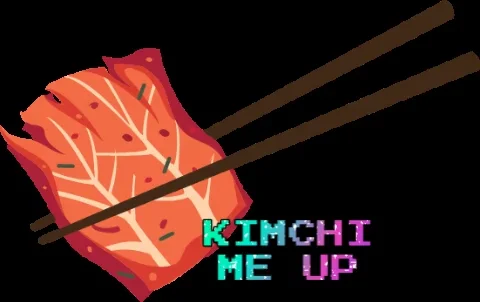an illustration with a pair of chopsicks holding a piece of kimchi. The text says 