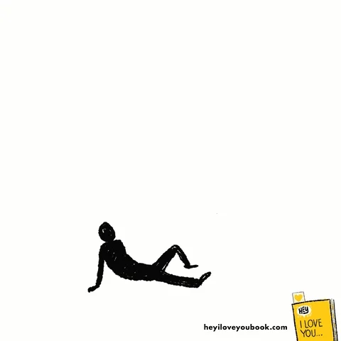 A heart-shaped sun shines warmly over a person sitting peacefully on the ground.
