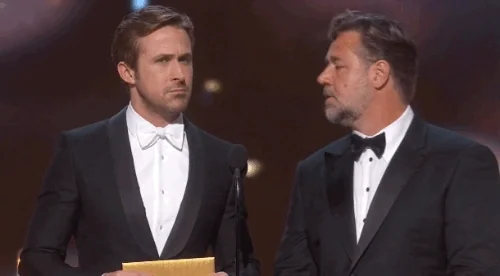 Ryan Gosling speaking at an award show saying "Agree to disagree"