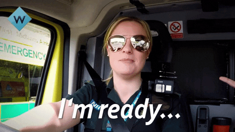 Paramedics in ambulance. One says are you ready? Other says born ready. 