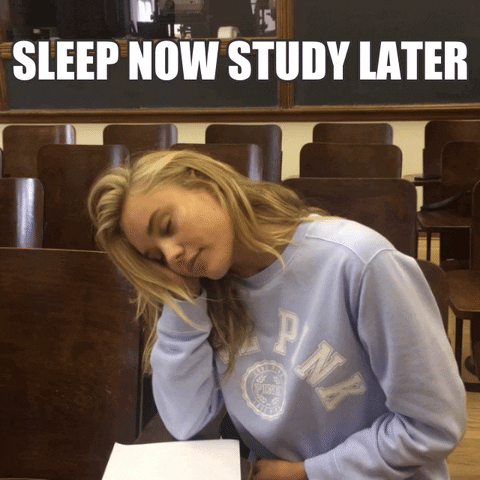 Caption reads: Sleep now study later. Girl with eyes closed, leans her head on one hand and puts her other hand under her head.