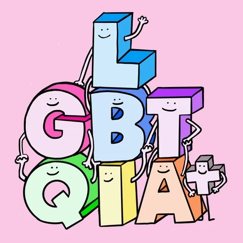 LGBTQIA+ acronym depicted as cartoon characters.