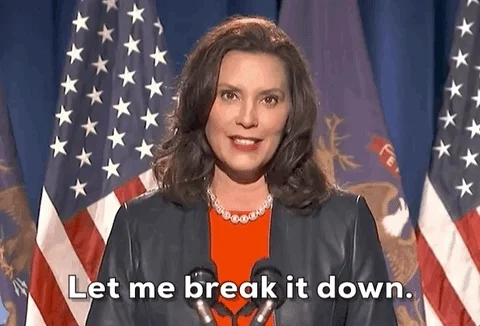 Gretchen Whitmer in front of the American flag. She says, 