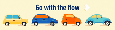 Animated cars in traffic under the text 