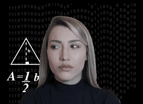 A woman looking at a complex equation. A series of ones and zeros appear behind her.