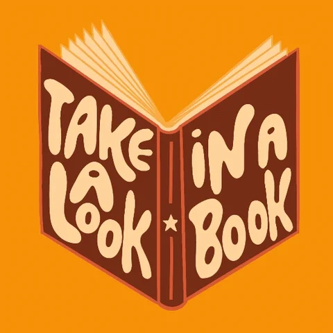 An animation depicting an book with pages fluttering. The book is titled: Take A Look In A Book.