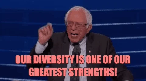 Bernie Sanders yelling at a crowd, saying 