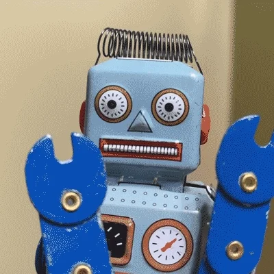 blue robot with grimace moving two blue wrenches