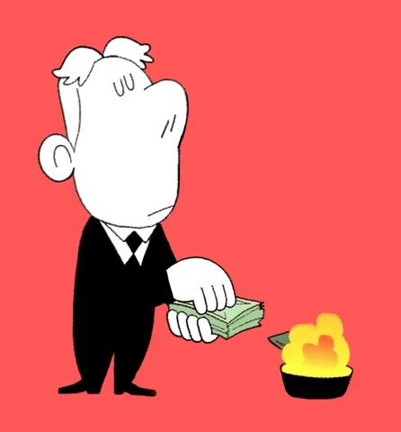 A cartoon man burning a stack of money.
