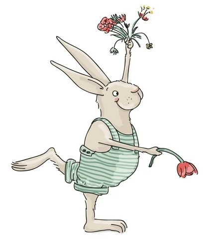A rabbit dancing holding flowers.