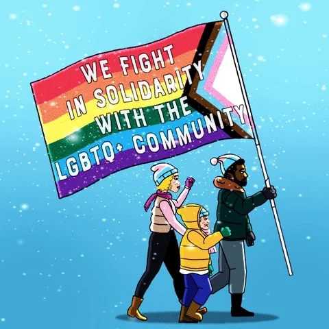 An animation depicting people marching in a snowstorm in solidarity while carrying an LGBTQ+ flag.