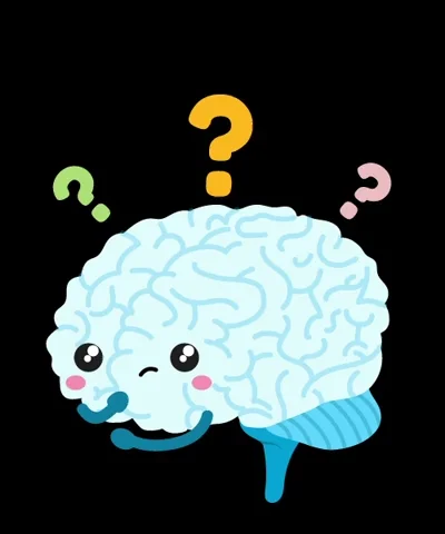 A cartoon brain with question marks around it.