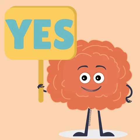 A cartoon of a happy brain holding a sign that reads 
