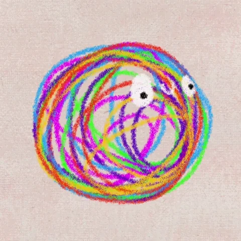Animation of a wiggly, rainbow-colored scribble ball with two eyes.