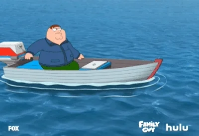 Peter from Family Guy on a boat, throwing a laptop into the water and then speeding away.