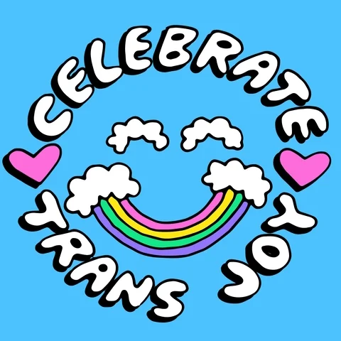 An animation of an upside down rainbow. The text reads, 'Celebrate Trans Joy'.