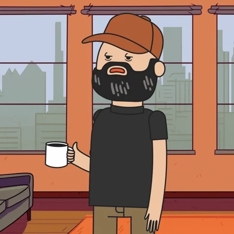 A sleepy person standing with a cup of coffee, head nodding off.