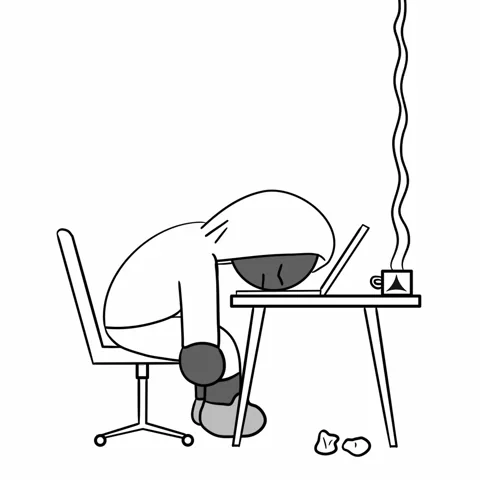 Animated cartoon figure resting their head on a table, representing tiredness and exhaustion.